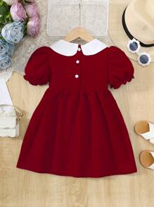 Vestido de verano para niñas, vestido de princesa elegante con cuello Peter Pan, manga abullonada, empalme y estilo smock para niñas de 4 a 7 años, vestido casual de media manga con botones para uso diario