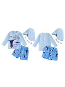 Kid Boys Rash Guard Swimsuit Set - Sun Pattern Long Sleeve Top With Shark Shorts And Swim Hat - Baby Blue - View 5