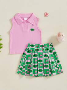 Kids Girl 2 Piece Outfit Lapel Sleeveless Tank Tops And Golf Print Pleated A-Line Skirt Set For Toddler Summer Clothes - Green - View 4
