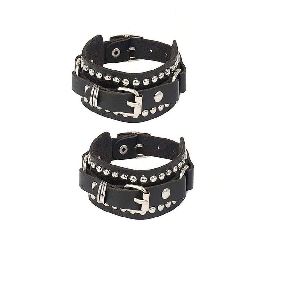 2 件/套皮革腕带手镯袖口哥特式朋克手链女式男式铆钉耳钉手镯角色扮演摇滚男女通用珠宝 - 黑色 - 查看 1
