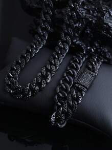 1 件迈阿密嘻哈时尚全黑冰链镶嵌闪亮黑色水钻，独特的深色项链手链，送给父亲、兄弟、男朋友的最佳礼物 - A - 查看 7