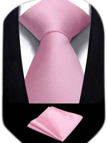 Bộ cà vạt và khăn bỏ túi màu hồng 3,1 inch cho nam, cà vạt cưới công sở màu trơn, khăn tay - Hồng - Xem 1