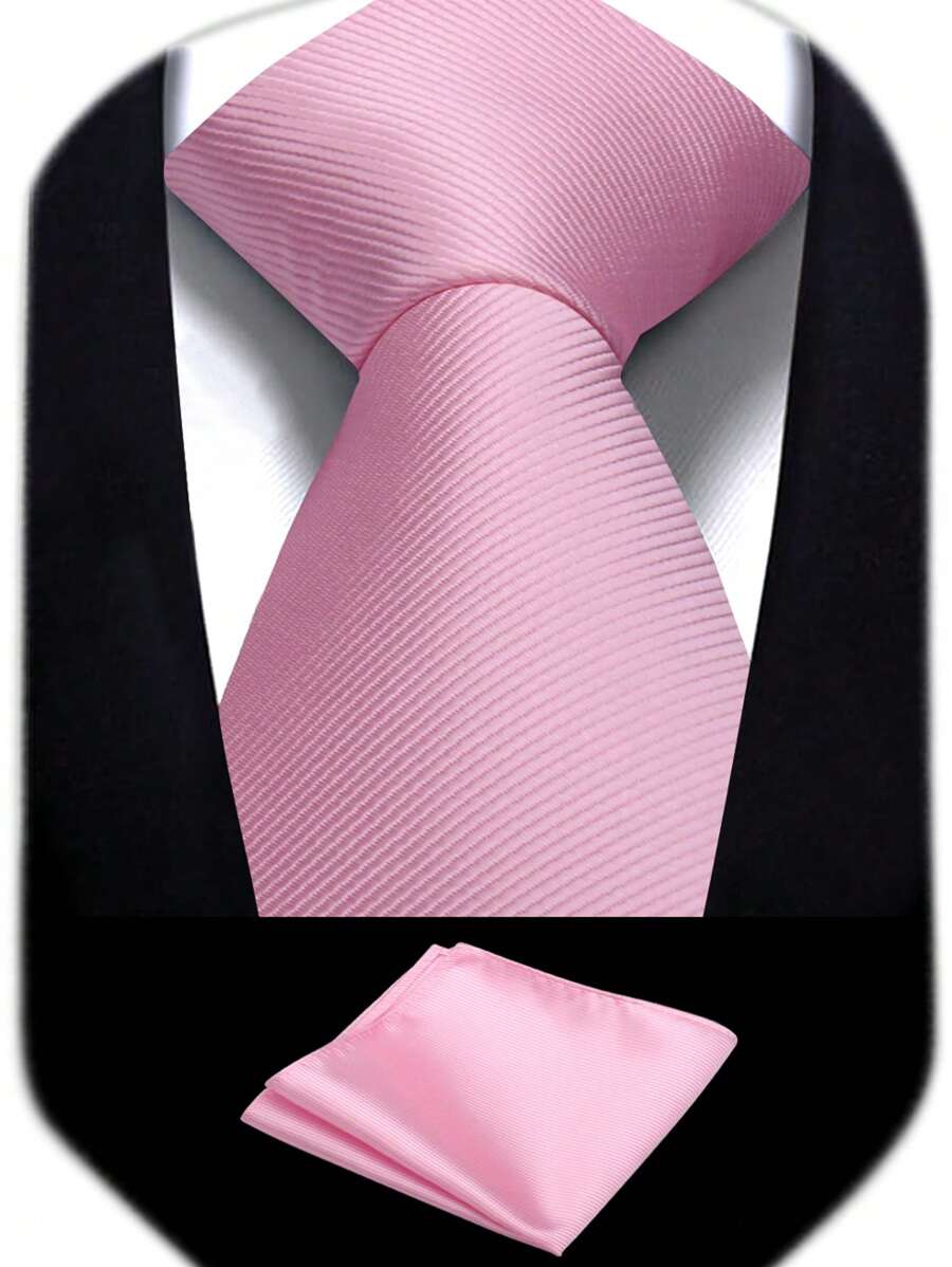 Bộ cà vạt và khăn bỏ túi màu hồng 3,1 inch cho nam, cà vạt cưới công sở màu trơn, khăn tay - Hồng - Xem 1