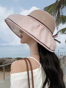 1pc Women's Spring/Summer New Plain Color Crystal Bow Splice Raffia Straw Hat, Fashion Versatile Lightweight Breathable Wind-Resistant Sun-Shading Hat For Outdoor Travel, Vacation, Sun Protection, Wide Brim, Suitable For Daily Use - Solid Color - View 7