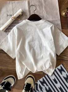 Girls' Cartoon Bow Print Round Neck Short Sleeve T-Shirt, Casual Tee For Spring & Summer - White - View 3