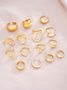15 sztuk Modny Minimalistyczny Wykwintny Retro Asymetryczny Geometryczny Płynny Kształt Przesadny Metalowy Styl Zestaw Pierścieni, Elegancki Pakiet Prezentowy Na Święta, Imprezę, Randkę, Codzienne Noszenie
