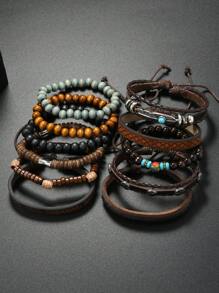 11 pièces Bracelet vintage en turquoise, en PU perles en bois, métal fait main tressé, parure de bijoux de décoration empilable unisexe, sans boîte