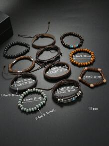 11 pièces Bracelet vintage en turquoise, en PU perles en bois, métal fait main tressé, parure de bijoux de décoration empilable unisexe, sans boîte