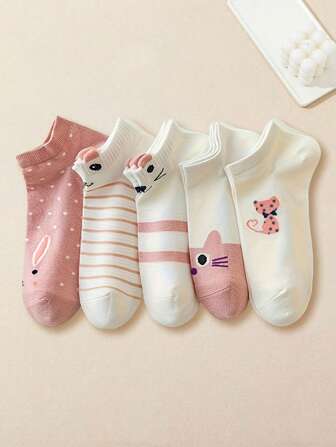 5/10/20 双卡通猫咪印花袜子可爱舒适低帮女式春夏短款薄款透气船袜