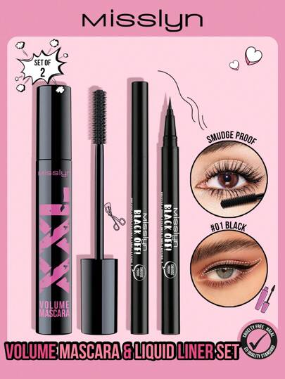  MISSLYN-Volume Mascara & Liquid Liner Set , Washable Mascara Makeup, Volumizing, Lengthening, Defining, Curling, Multiplying, Precise Liquid Liner Long Lasting, Eyeliner Liquid Liner, Easy Liquid Pen No-Skip Eyeliner