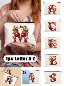 Witte make-uptas van polyestervezel, kleine witte tas, glanzend gouden kersenrode letters A-Z bedrukt patroon, make-uptas, draagbare toilettas, Moederdagcadeau, perfect cadeau voor moeders, herbruikbare make-uptas, eenvoudige grote capaciteit reismake-uptas voor vrouwen, oortelefoon, datakabel, accessoire-opslag, muntzak, multifunctioneel draagbaar cadeau voor vrouwen