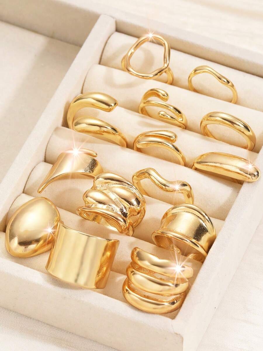 Set de 14 anillos de lujo y estilo exagerado y sexy para mujeres, joyería de moda para uso diario, fiesta, boda, regalos para novias y amigas - Amarillo Oro - Ver 1