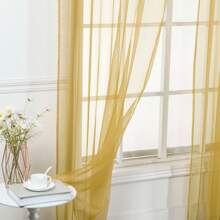 Set Of Two (2) Sheer Window Curtains Panels With Rod Pocket Drape Set Multiple Lengths (63", 84", 95", 108", 120" L) Solid Colors - Gold - View 4