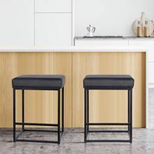 Set Of 2 Black 24 Inch Backless Counter Bar Stools Faux Leather Seat For Kitchen - 1 - 查看 1