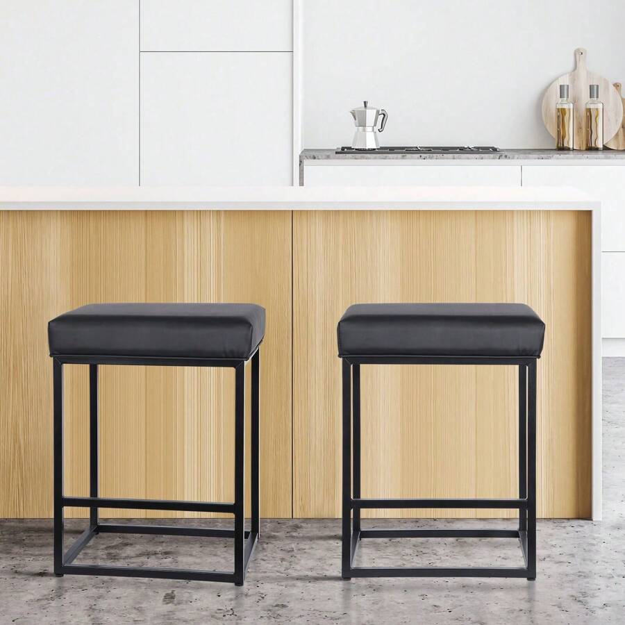 Set Of 2 Black 24 Inch Backless Counter Bar Stools Faux Leather Seat For Kitchen - 1 - 查看 1