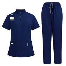 1Set Women Short Sleeve Zipper Mock Neck Scrub Uniform Set, Made Of Polyester Frosted Fabric, Loose Fit Nurse Uniform Suitable For Hospital Work - Navy Blue - View 2