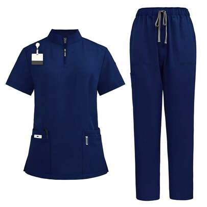 1 Set de uniforme de mujer con manga corta, cuello alto con cremallera, elaborado en tela de poliéster mate, de corte holgado, adecuado para el uniforme de enfermera en el trabajo del hospital