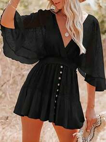 Vestido con escote en V profundo, cintura con botones, bajo con volantes y aplicaciones de encaje, mangas tipo murciélago para mujer - Negro - Ver 5