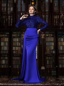 Faeriesty Sequin-Adorned High-Neck Evening Gown With Thigh-High Slit & Dramatic Train, Elegant Formal Wear For Red Carpet, Weddings, And Galas, Party Dress, Wedding Guest Dress, Evening Dress - Royal Blue - View 7