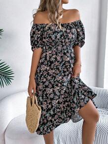 Women's Spring/Summer Casual Vacation Ruffled Sleeve Drawstring Short Sleeve Ditsy Floral Dress - màu đen - Xem 5