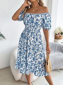 Women's Casual Vacation Elastic Drawstring Short Sleeve Ditsy Floral Dress, Spring/Summer