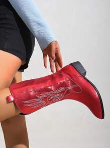 Women's New American Vintage Embroidered Canvas Pointed-Toe Western Boots, Passionate Red Glitter Canvas Cool Fashion High Boots, High Heel Chunky Heel Riding Boots, Fashionable Punk Style Chelsea Boots