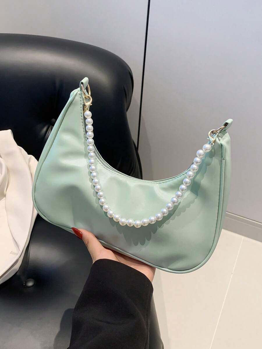 New Fashionable Solid Orange Handheld Bag With Faux Pearl Chain, Casual Crescent PU Underarm Shoulder Elegant Lady Bag, Spring/Summer