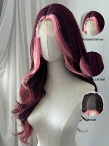 粉色高光假发 U-PART LACE 假发 女士长波浪假发 26 英寸 酒红色合成假发 - 酒紅色 - 查看 5