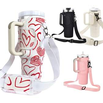 SUGAW 1pc Adjustable 40oz Shoulder Strap Water Bottle Holder, Solid Color Waterproof Heart-Shape Valentine's Day Water Bottle Accessory, Suitable For Hiking, Camping, Business Trip, Compatible With Stanley, Back To School Supplies
