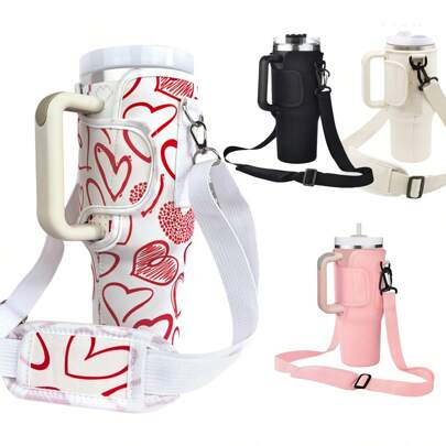 SUGAW 1pc Adjustable 40oz Shoulder Strap Water Bottle Holder, Solid Color Waterproof Heart-Shape Valentine's Day Water Bottle Accessory, Suitable For Hiking, Camping, Business Trip, Compatible With Stanley, Back To School Supplies