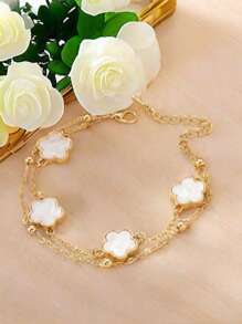 1 件 5 片花瓣多层脚踝手链，带珠子，随机，时尚海滩风格夏季，女士节日礼物 - 白色 - 查看 2