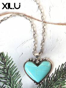 1 set de collar con colgante y aretes de estilo retro y país del oeste antiguo con diseño exagerado de color turquesa al estilo del Día de San Valentín para mujeres