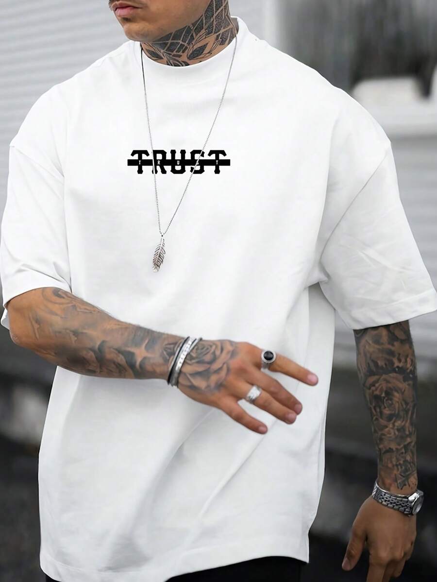 Men's Casual TRUST Letter Print T-Shirt - Crew Neck, Short Sleeves, Summer Streetwear T-Shirt - trắng - Xem 1