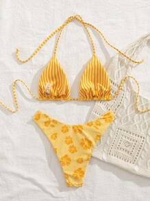 Sultry Sol New Soft Fabric Printed Halter Tie Bikini Set, Elegant Sexy Women Beachwear, Summer Beach Fashion Swimwear - Yellow - View 4