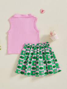 Kids Girl 2 Piece Outfit Lapel Sleeveless Tank Tops And Golf Print Pleated A-Line Skirt Set For Toddler Summer Clothes - Green - View 6
