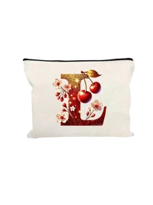 Witte make-uptas van polyestervezel, kleine witte tas, glanzend gouden kersenrode letters A-Z bedrukt patroon, make-uptas, draagbare toilettas, Moederdagcadeau, perfect cadeau voor moeders, herbruikbare make-uptas, eenvoudige grote capaciteit reismake-uptas voor vrouwen, oortelefoon, datakabel, accessoire-opslag, muntzak, multifunctioneel draagbaar cadeau voor vrouwen