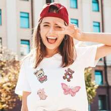 粉色风格熨烫补丁，刺绣学院风女孩补丁，可爱贴花补丁，适用于服装、夹克、帽子、背包、牛仔裤（20 个装） - 粉色 - 查看 3