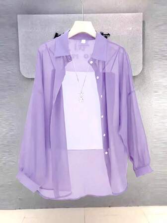 Women's Solid Color Front Button Casual Roll-Up Sleeve Shirt, Sheer Chiffon Long Sleeve Blouse, Lightweight Breathable Fabric, Elegant Design For Office/Party Wear, Spring/Summer