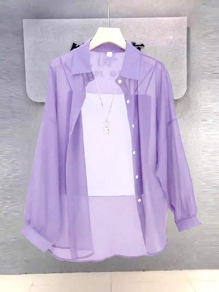 Women's Solid Color Front Button Casual Roll-Up Sleeve Shirt, Sheer Chiffon Long Sleeve Blouse, Lightweight Breathable Fabric, Elegant Design For Office/Party Wear, Spring/Summer - Purple - View 1