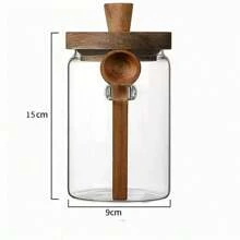 Jarra de 1/3 de vidrio con tapa de madera y cuchara, frasco sellado de almacenamiento de cocina para especias, café, dulces, vidrio grueso, reutilizable, solo se puede lavar a mano, diferencias de color normales en la tapa de madera de acacia, nudos y pequeños agujeros en la madera son normales, de vuelta a la escuela