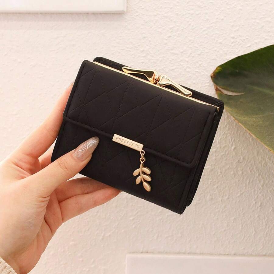 Mặt dây chuyền kim loại New Leaf Thiết kế họa tiết lưới kim cương Khóa gấp cho nữ Ví ngắn đa chức năng Đựng thẻ Ví đựng tiền xu Quà tặng cho bé gái/Ngày lễ tình nhân cho phụ nữ Ví mini Ví Ví nhỏ