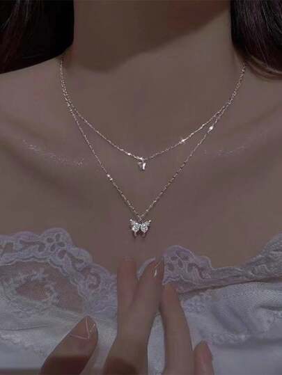 1pc 欧美奢华百搭甜美清新 INS 小众设计高端水钻蝴蝶吊坠双层锁骨链