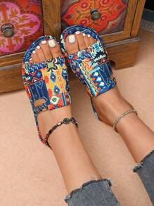女士抽象不对称彩虹色平底凉鞋，时尚多色沙滩鞋，夏季穿搭 - 藍色 - 查看 6