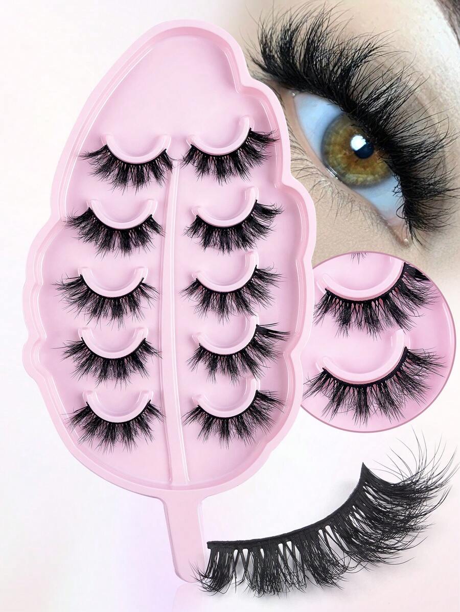 5pairs/Set Natural Faux Mink Hair Fluffy Manga Lashes Clear Band Eyelashes Japanese Cosplay Faux Mink Lashes Dramatic Anime Lashes,Cat Eye Fox Eye Imitation Mink False Eyelashes Sexy Lashes Extension Makeup Cat Eye False Eyelashes 3d Faux Mink Eyelashes Soft Natural Makeup,Pink Leaf Tray, Suitable For Travel,Work Party Carrying,Nice Gift,Christmas Gift For Women - 交叉款 - 查看 1