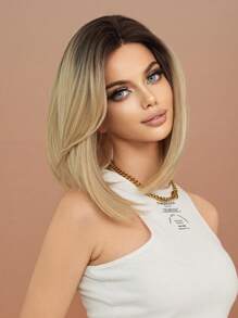 PIAOYUN Mini Lace Farbverlauf Blonde Bob Perücke für Frauen, kurzes glattes Haar, natürlich aussehende Perücke mit dunklen Wurzeln, Kunsthaarperücke ohne Kleber, hochwertige 2 * 0,5 U-Teil kleine synthetische Lace Front Perücke für den täglichen Gebrauch, 14 Zoll