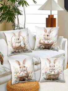 4 件套可爱复活节兔子和鸡蛋篮印花枕套，简约装饰靠垫套，适用于沙发、卧室、客厅、节日礼物，不含枕头，印花位置随机 - 彩色 - 查看 4