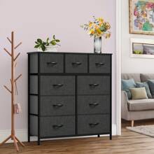 Commode, 9 Tiroirs en Tissu Commode Chambre Meuble de Rangement, Cadre en Métal,pour Chambre à Coucher, Salon,Gris Profond