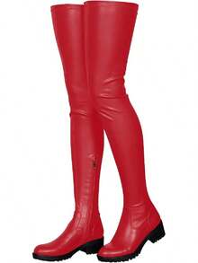 Knee High Boots Women Thigh High Over Knee Stretch Fashion Low Chunky Heel Round Toe Zipper Winter Boots Black Red US4.5-14halloween - Đỏ - Xem 1