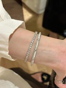 2 件套时尚银方晶锆石向日葵手镯和网球手链