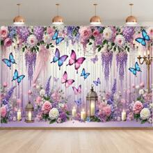 迷人的花卉和蝴蝶幻想背景 - 轻质聚酯派对横幅配粉红玫瑰、紫藤和蓝色蝴蝶 - 非常适合生日庆祝和摄影道具，无需照明 - 1個 - 查看 1